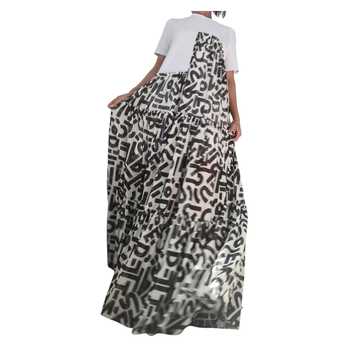Black White Graphic Maxi Dress, Artistic Tiered T-Shirt, Handmade Summer Clothing