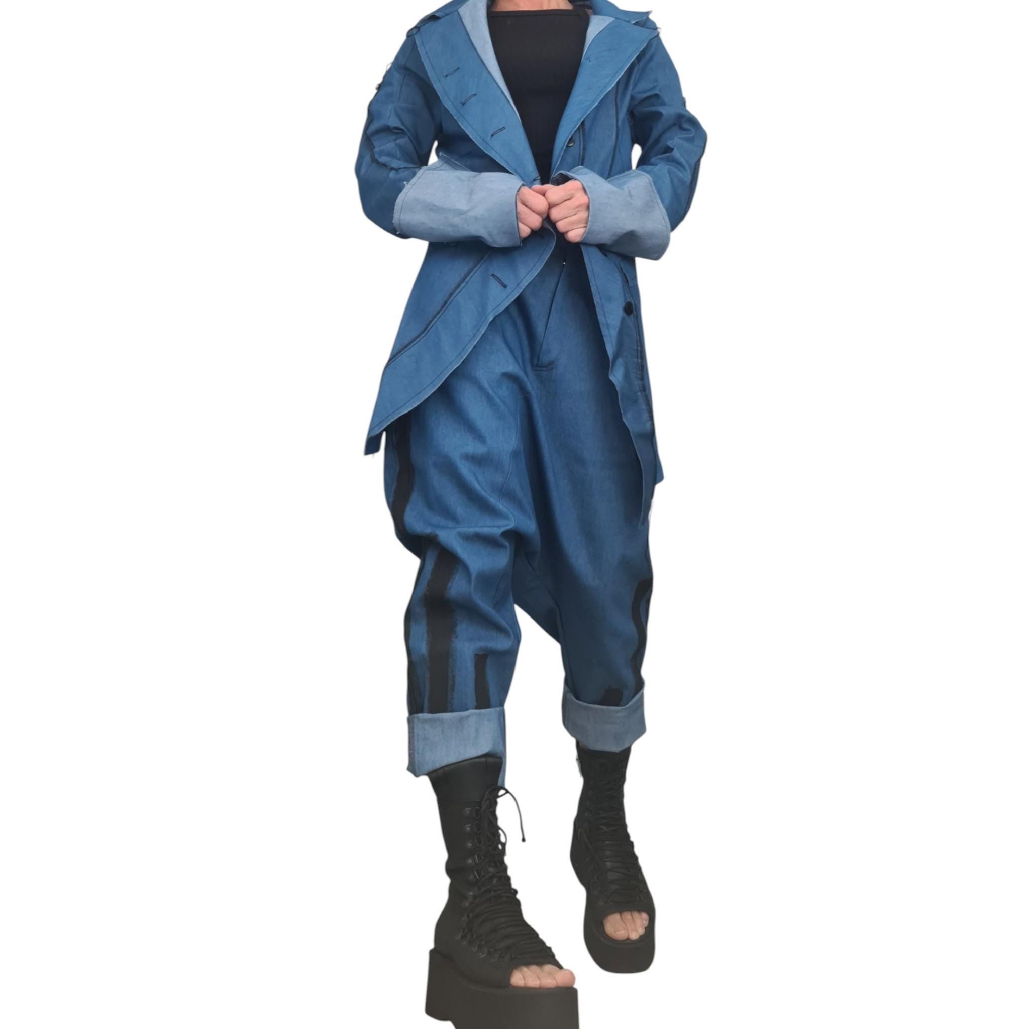 New collection Extravagant Denim Women Costume, Asymmetric Avant Garde Blazer, Women Harem Pants, Deconstructed Futuristic Clothing