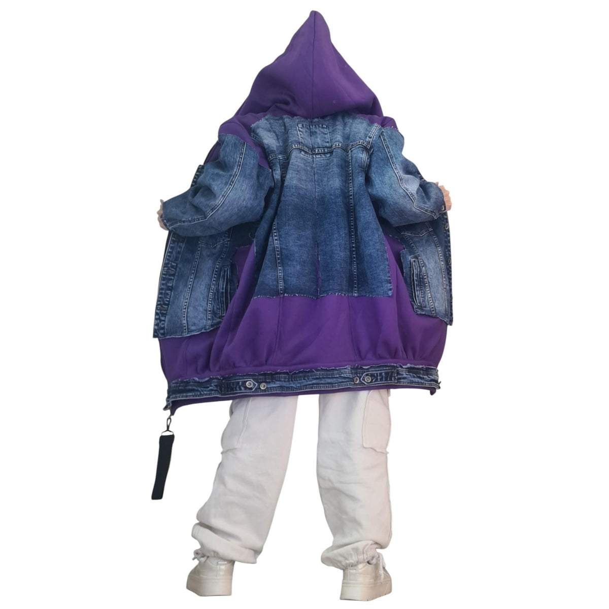 Purple Avant Garde Denim Hoodie, Oversized Cotton Sweatshirt, Designer Streetwear for Women