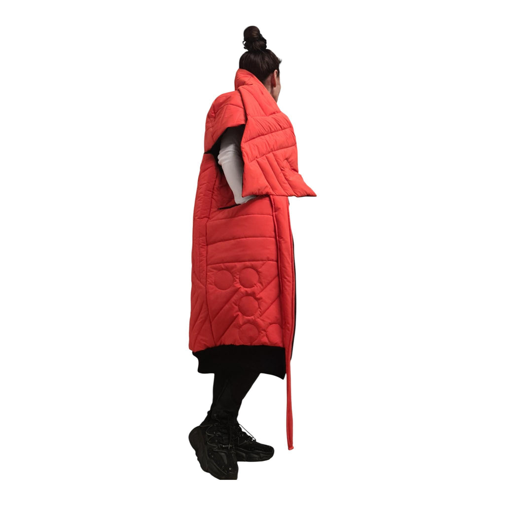 Orange Black Color Block Puffer Vest, Long Sleeveless Jacket, Asymmetric Quilted Gilet