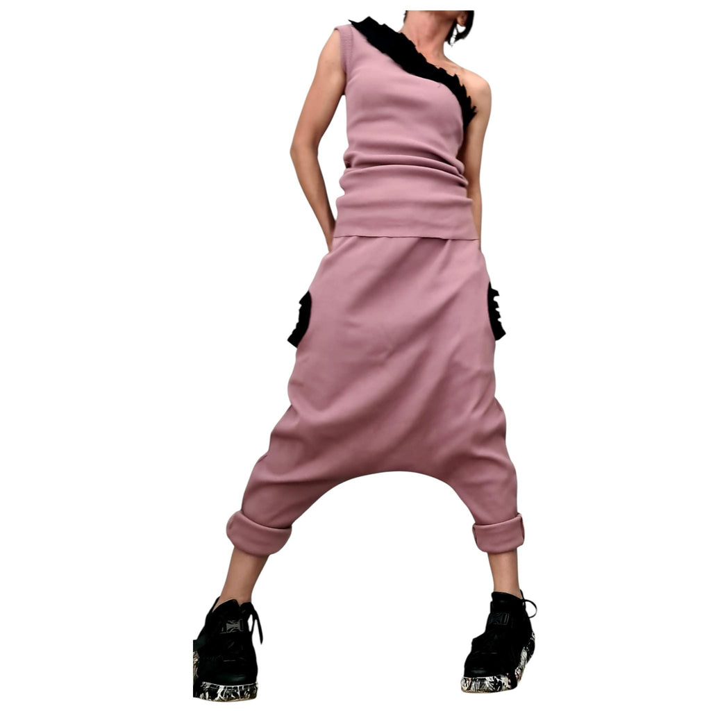 Dusty Rose Cotton Drop Crotch Harem Pants, One-Shoulder Ribbed Top, Black Trim, Co-Ord Set