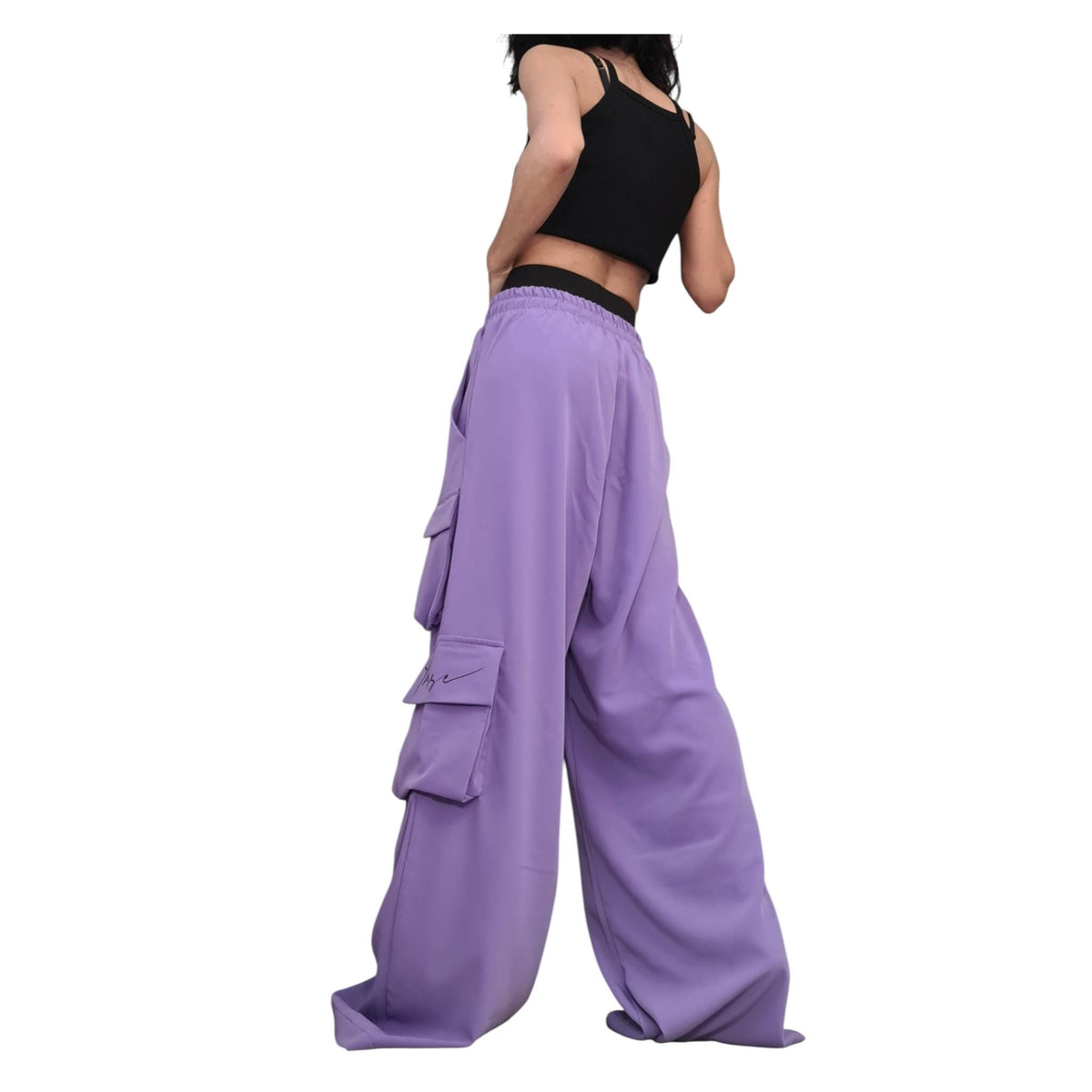 Lavender Cargo Pants, Wide Leg Drop Crotch Trousers, Double Waistband