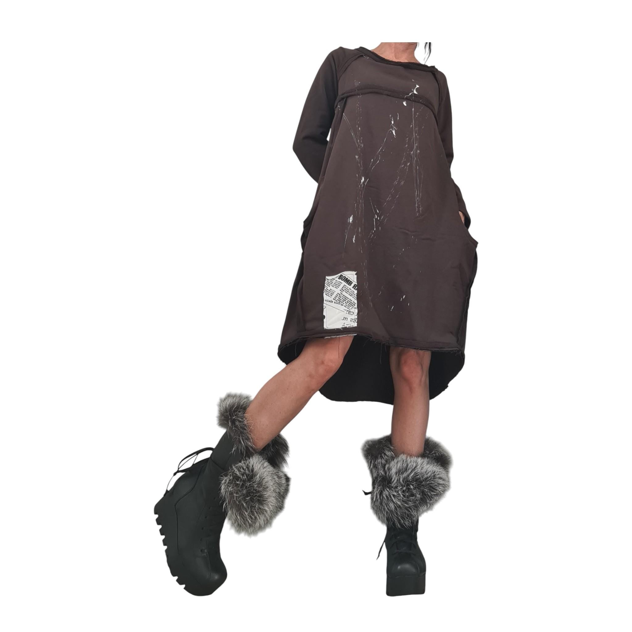 Brown French Terry Off Shoulder Dress for Women, Oversized Asymmetric Tunic Dress, Balloon Shape