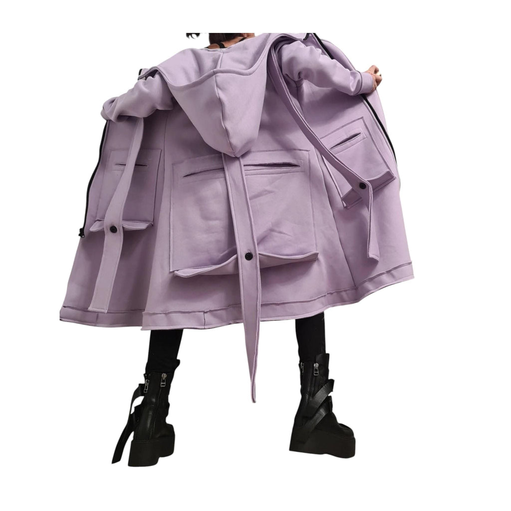 Lavender Oversized Hooded Cotton Coat, Plus Size Long Sweatshirt Jacket, Large Cargo Pockets