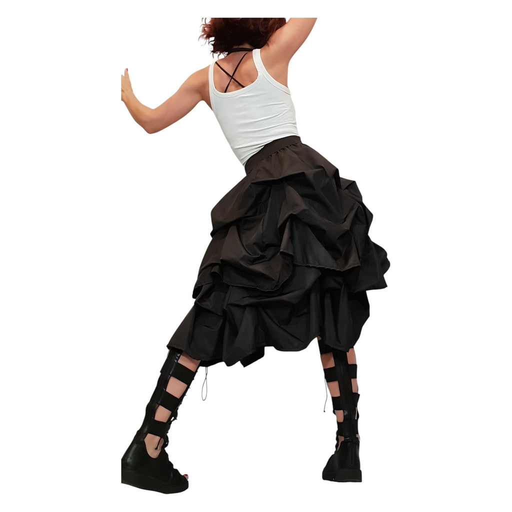 Black Layered Taffeta Skirt Dress, Adjustable Drawstrings, Voluminous Gothic Skirt, Avant Garde Steampunk