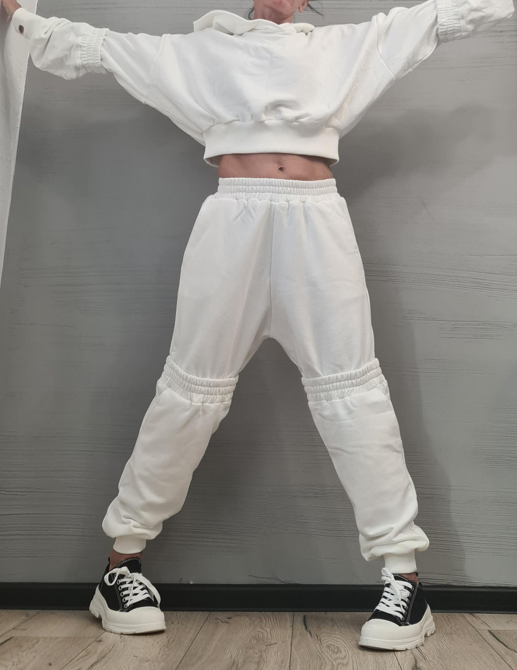 White Cotton Cargo Jogger Pants, Oversized Cropped Hoodie, Ruched Knee Panels, Two-Piece Co-Ord Set