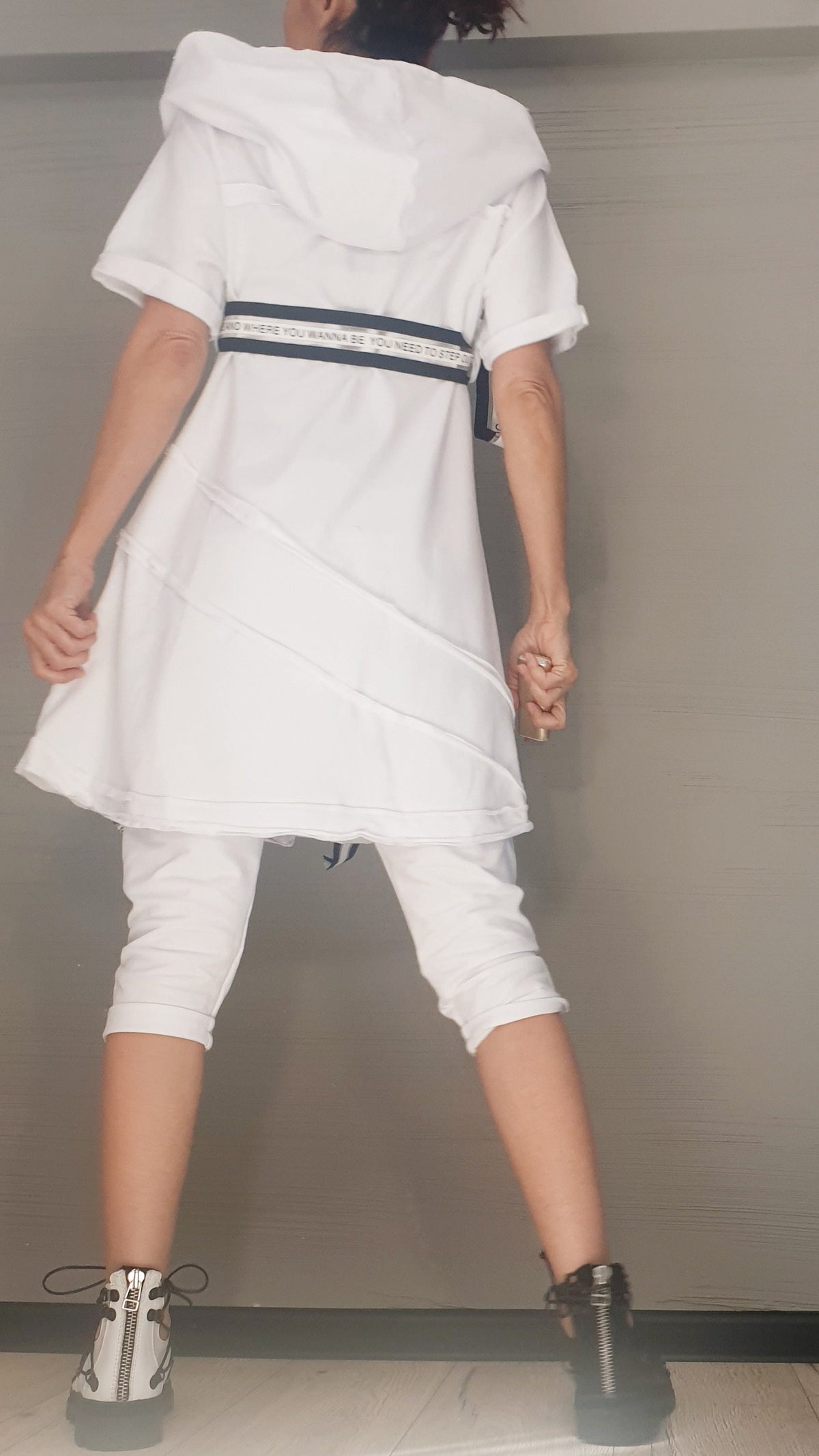 White Cotton Cropped Harem Pants, Asymmetrical Hooded Long Vest, Contrast Straps, Two-Piece Co-Ord Set