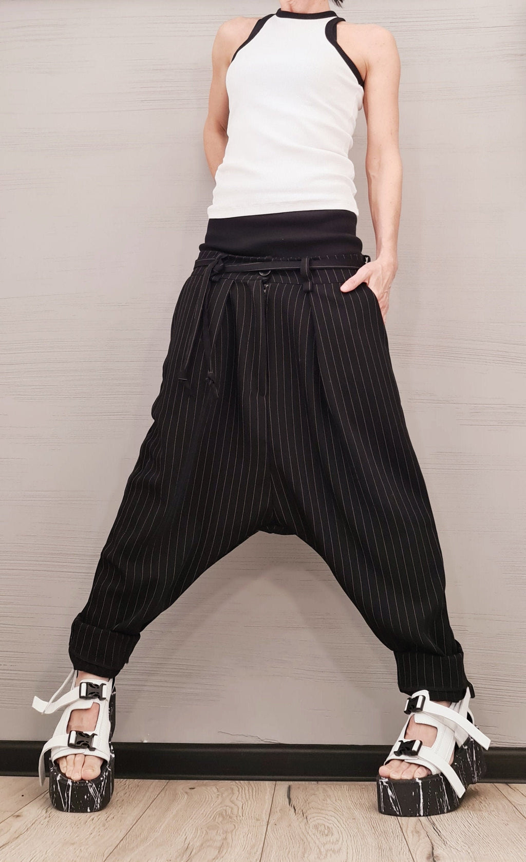 Black Pinstripe Harem Pants, Double Waistband, Tapered Leg Trousers