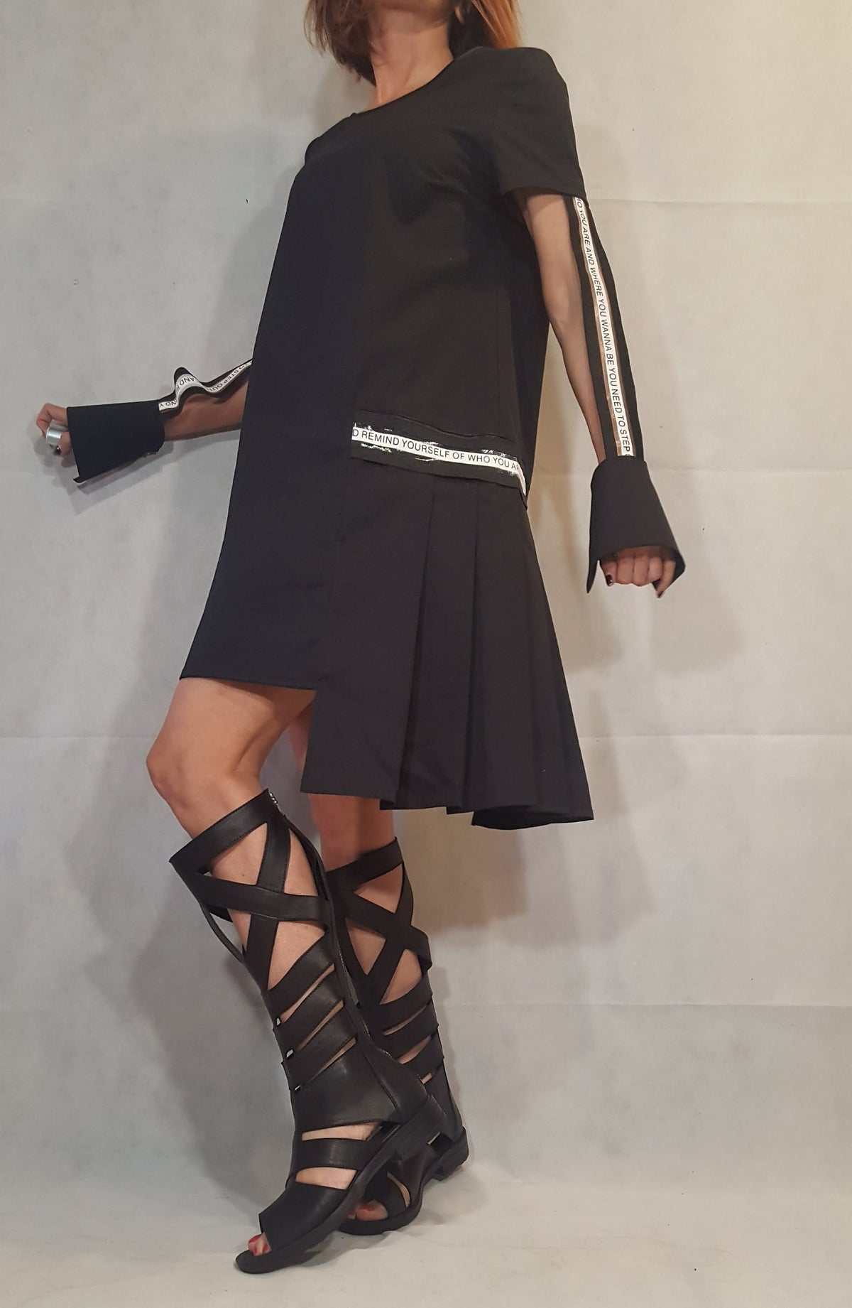 Black Asymmetric Dress, Gothic Tunic, Short Long Sleeve
