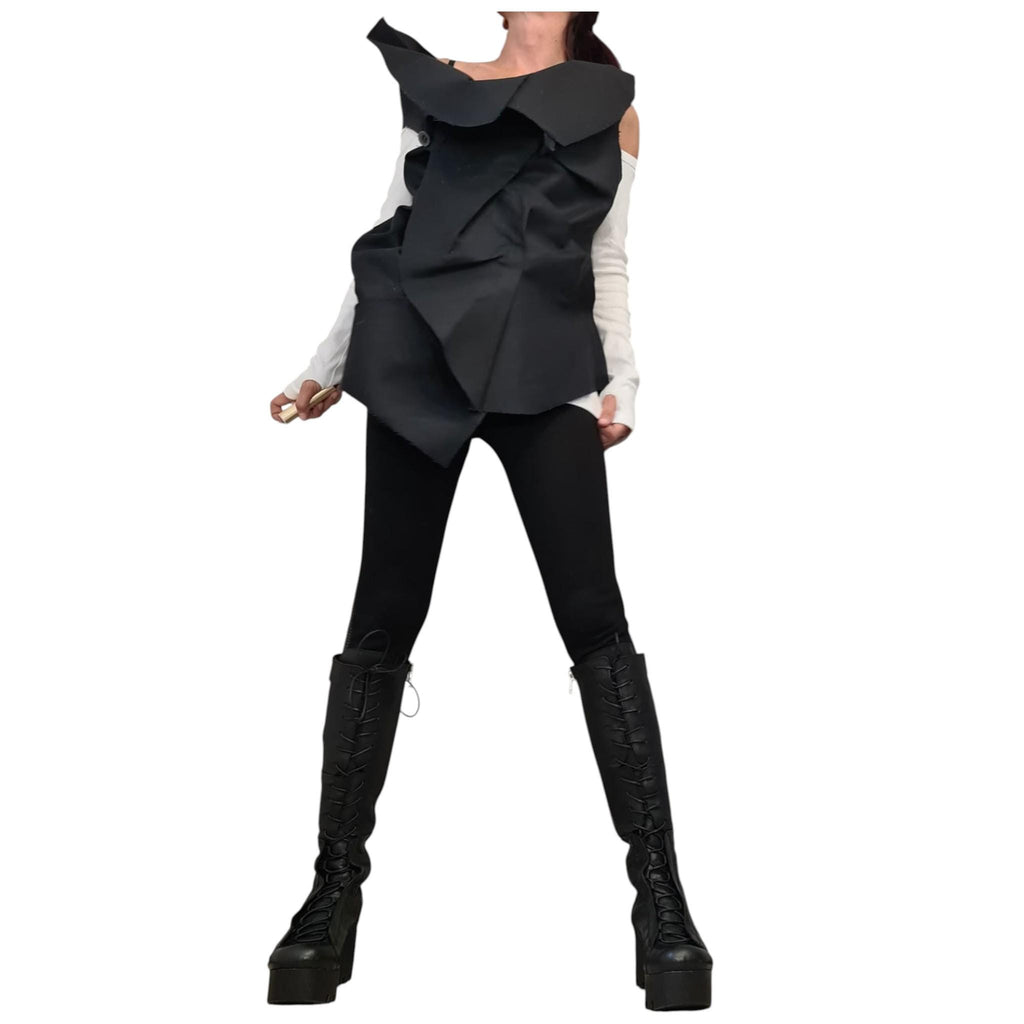 Extravagant Black Denim Vest, Gothic Asymmetric Sleeveless Vest, Designer Avant Garde Jacket