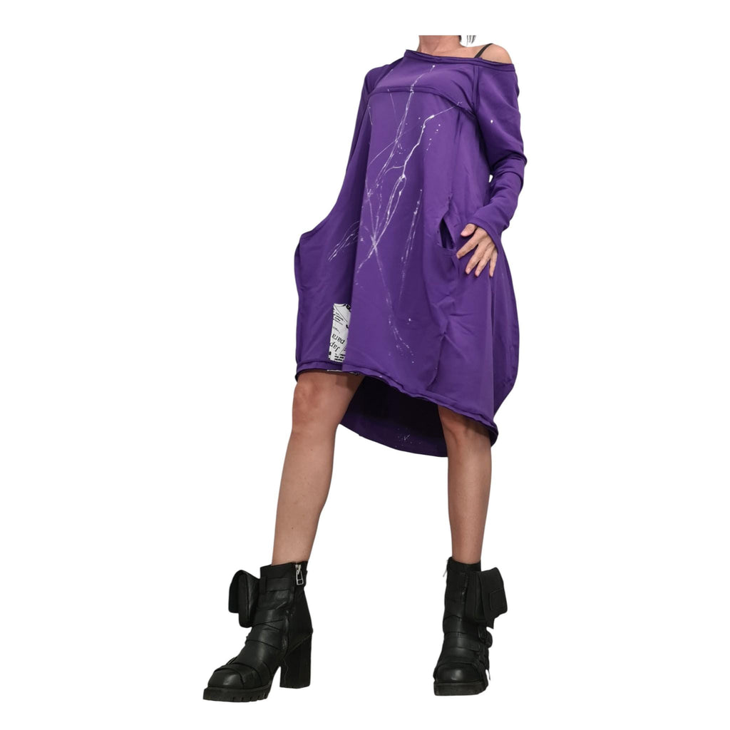 Dark Purple French Terry One Shoulder Dress for Women, Oversized Asymmetric Sweatshirt Dress