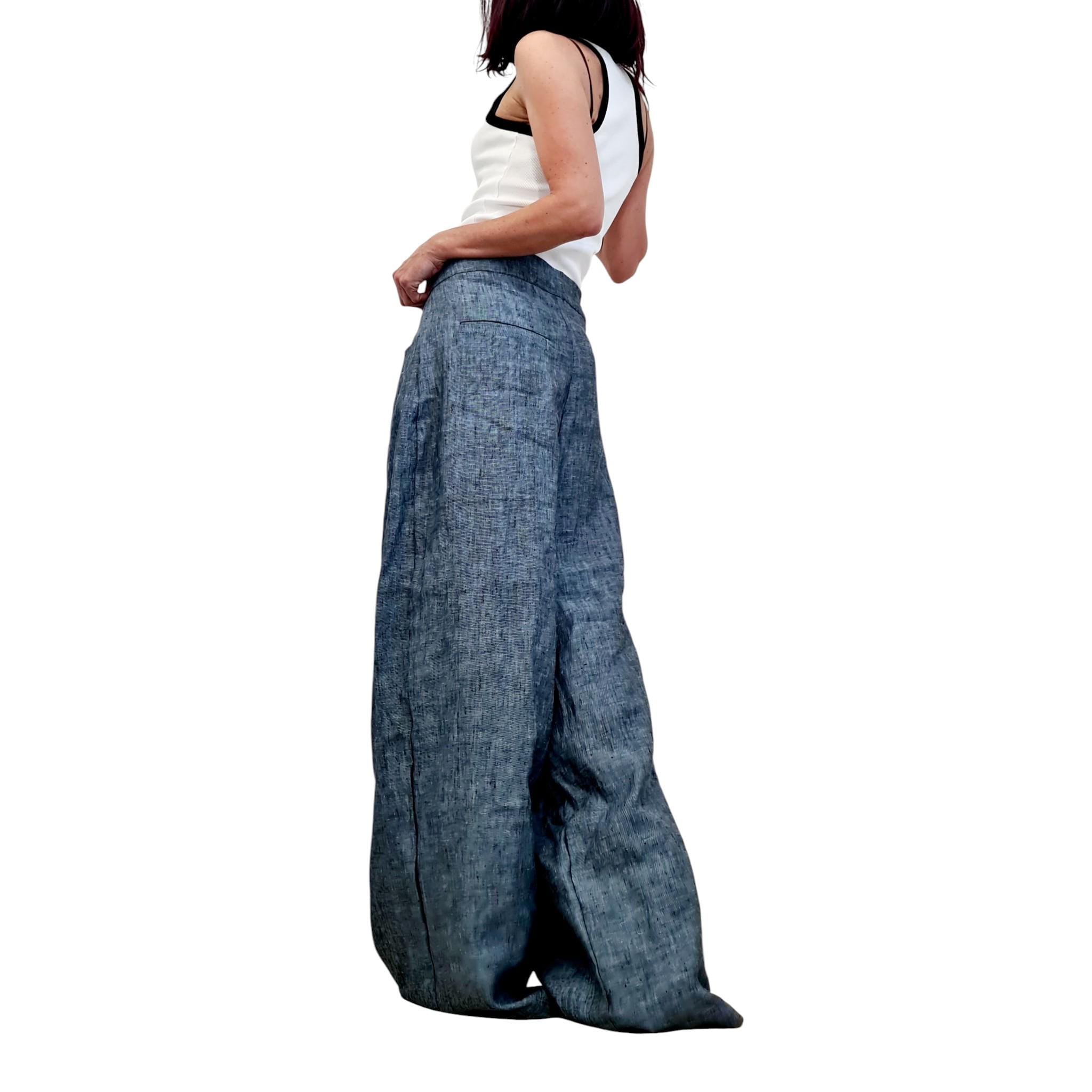 Denim Blue Linen Wide Leg Pants, Extra Loose Summer Trousers, Comfortable Everyday Wear