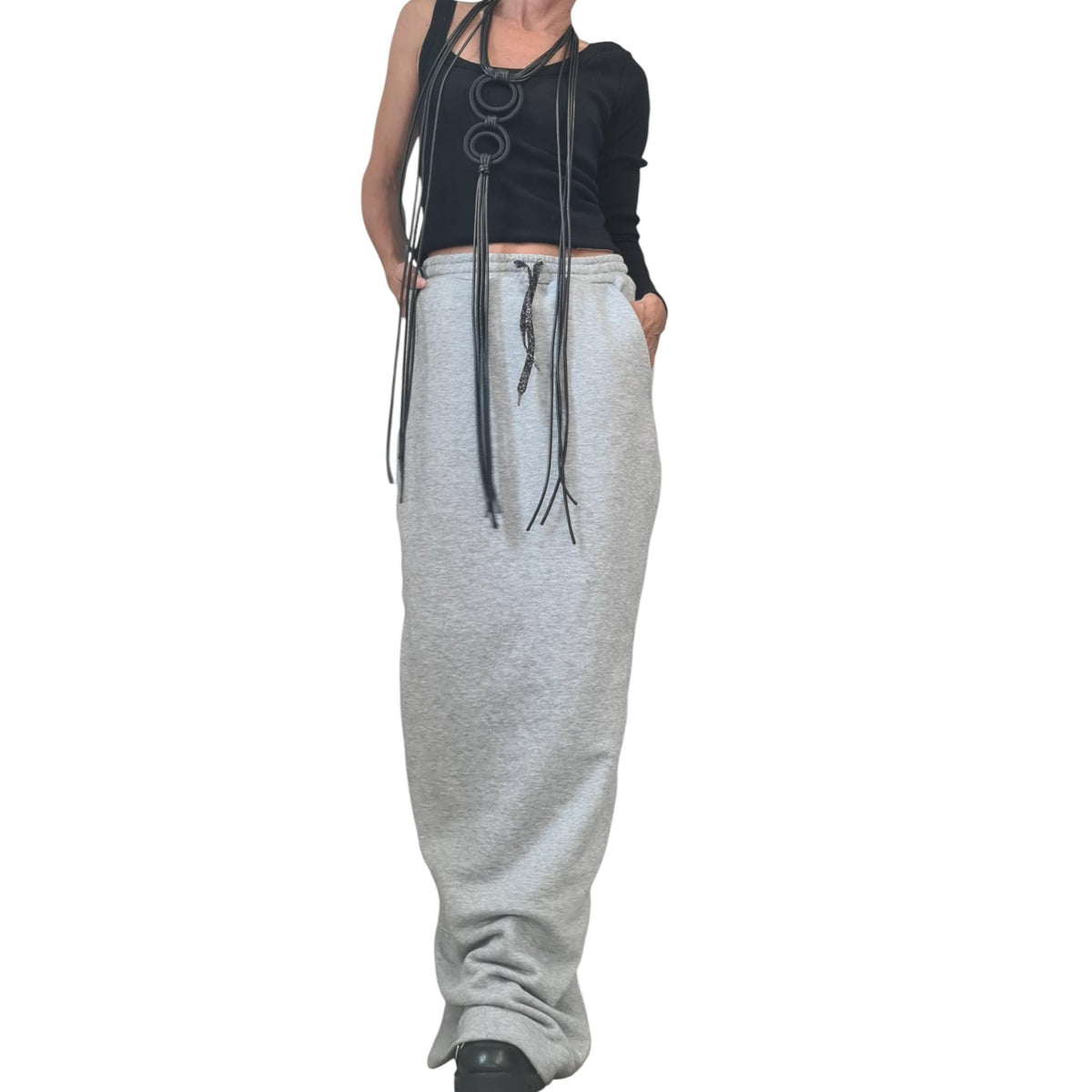 Grey Cotton A-Line Slit Skirt, Asymmetric Maxi Length Sport Skirt