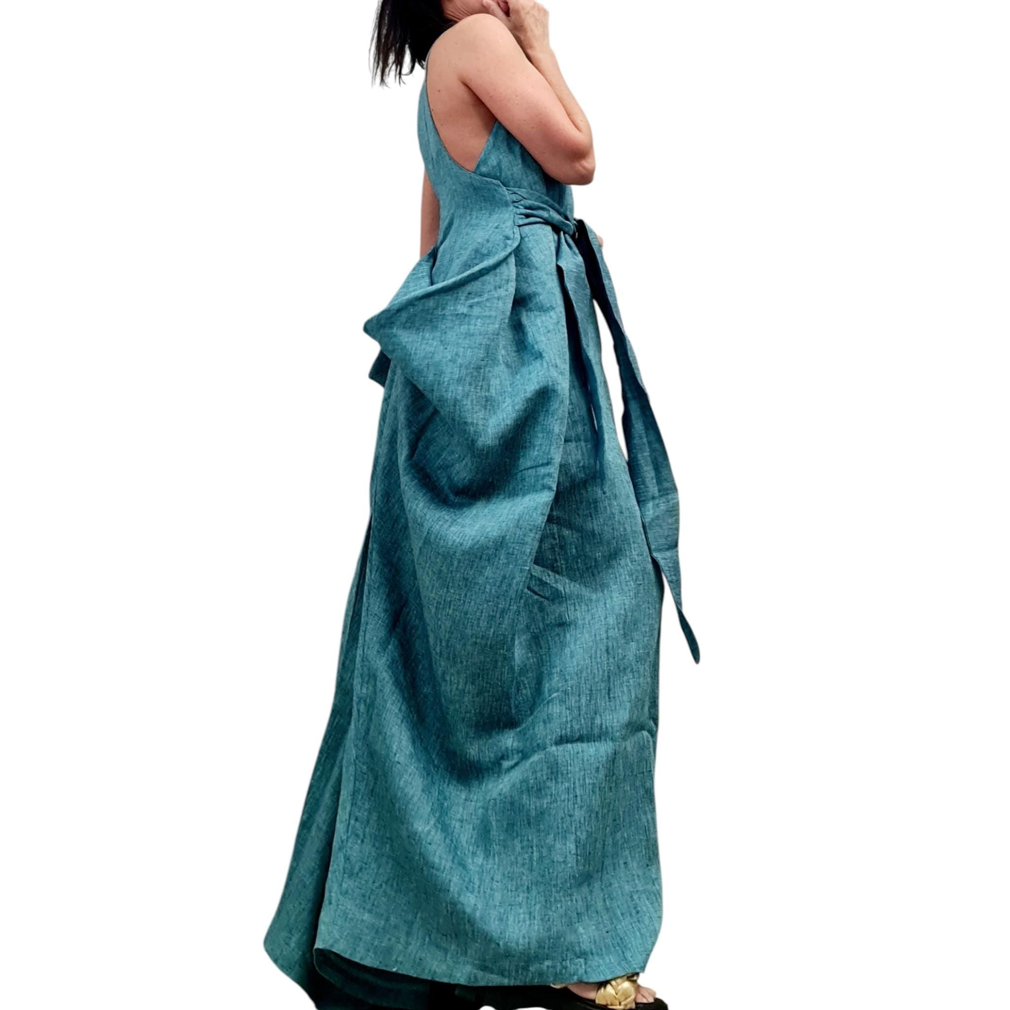 Turquoise Linen Maxi Dress for Women, Long Asymmetric Summer Dress, Convertible Loose Fit Clothing
