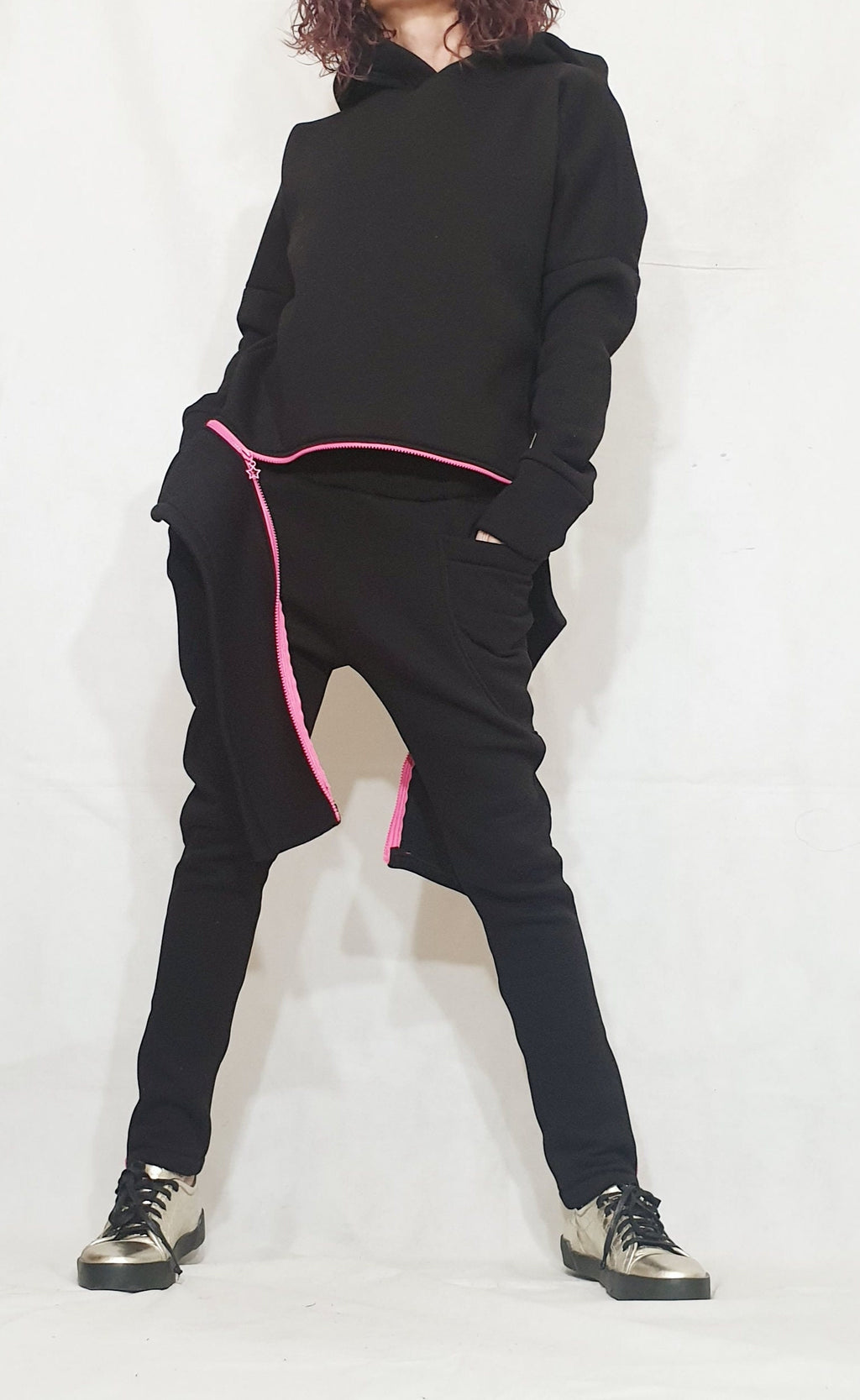 Black Cotton Drop Crotch Pants, Asymmetrical Hooded Sweatshirt, Pink Zipper, Two-Piece Co-Ord Set