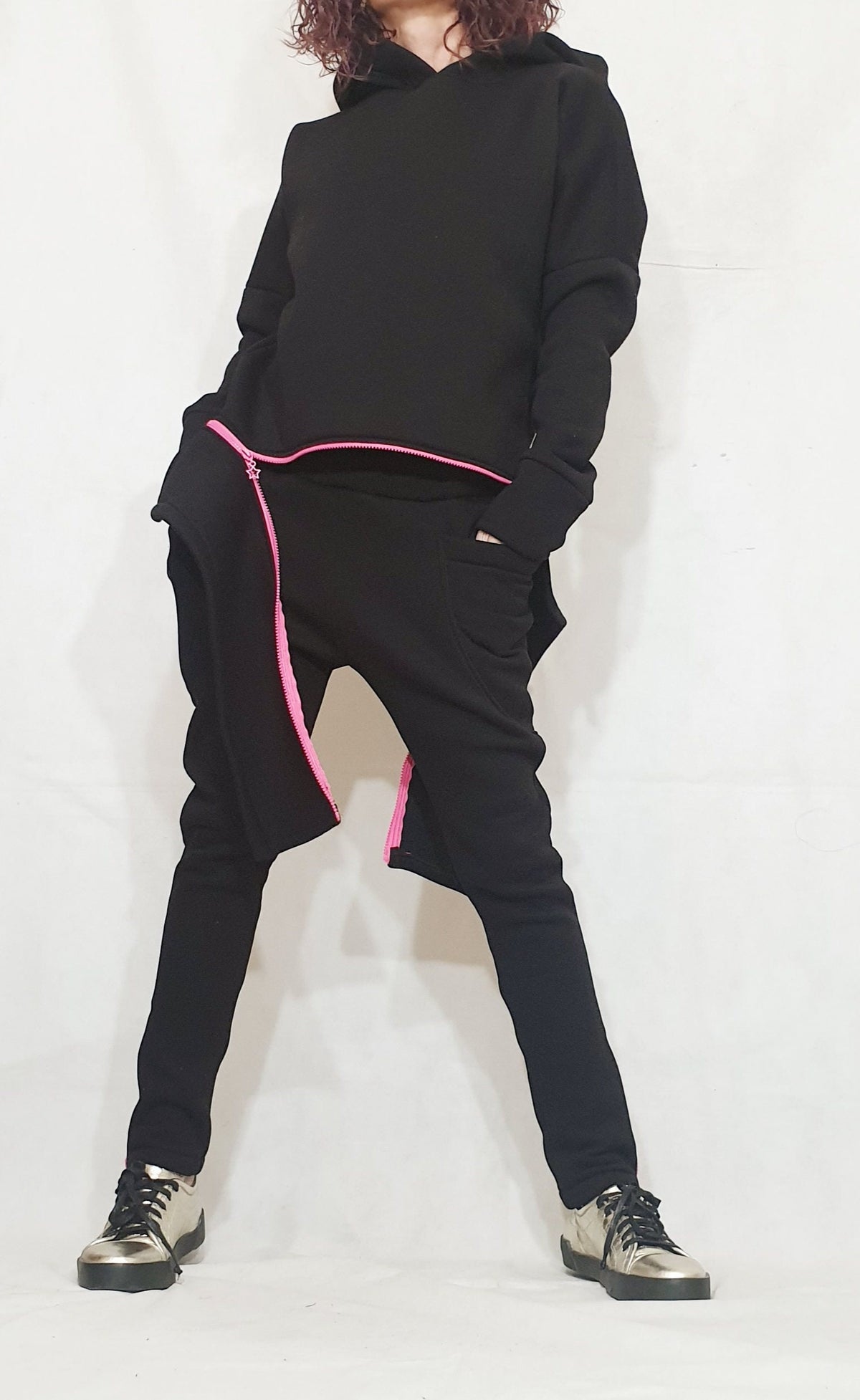 Black Cotton Drop Crotch Pants, Asymmetrical Hooded Sweatshirt, Pink Zipper, Two-Piece Co-Ord Set