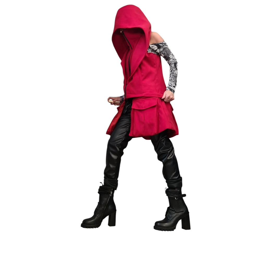 Red Long Hooded Vest, Sleeveless Winter Jacket, Oversized Cargo Pockets