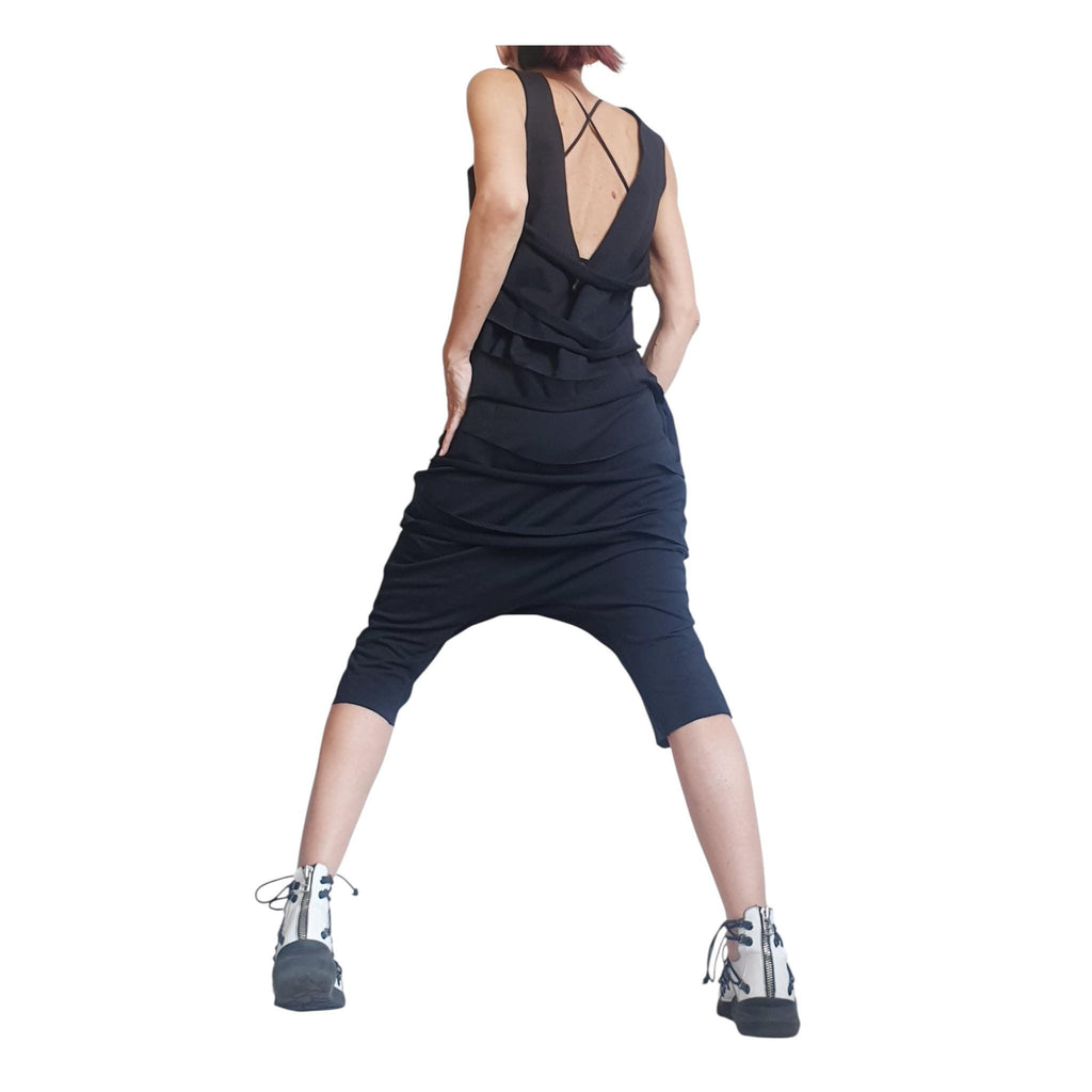 Black Harem Jumpsuit Loose Drop Crotch Women Outfit Asymmetric Oversize Gothic Grunge Clothing