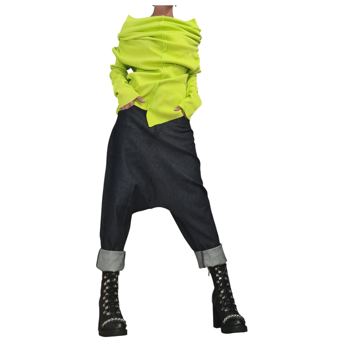 Lime Asymmetric Women Cotton Top, Deconstructed Fitted Blouse, Bare Shoulder Style, Avant Garde Blouse