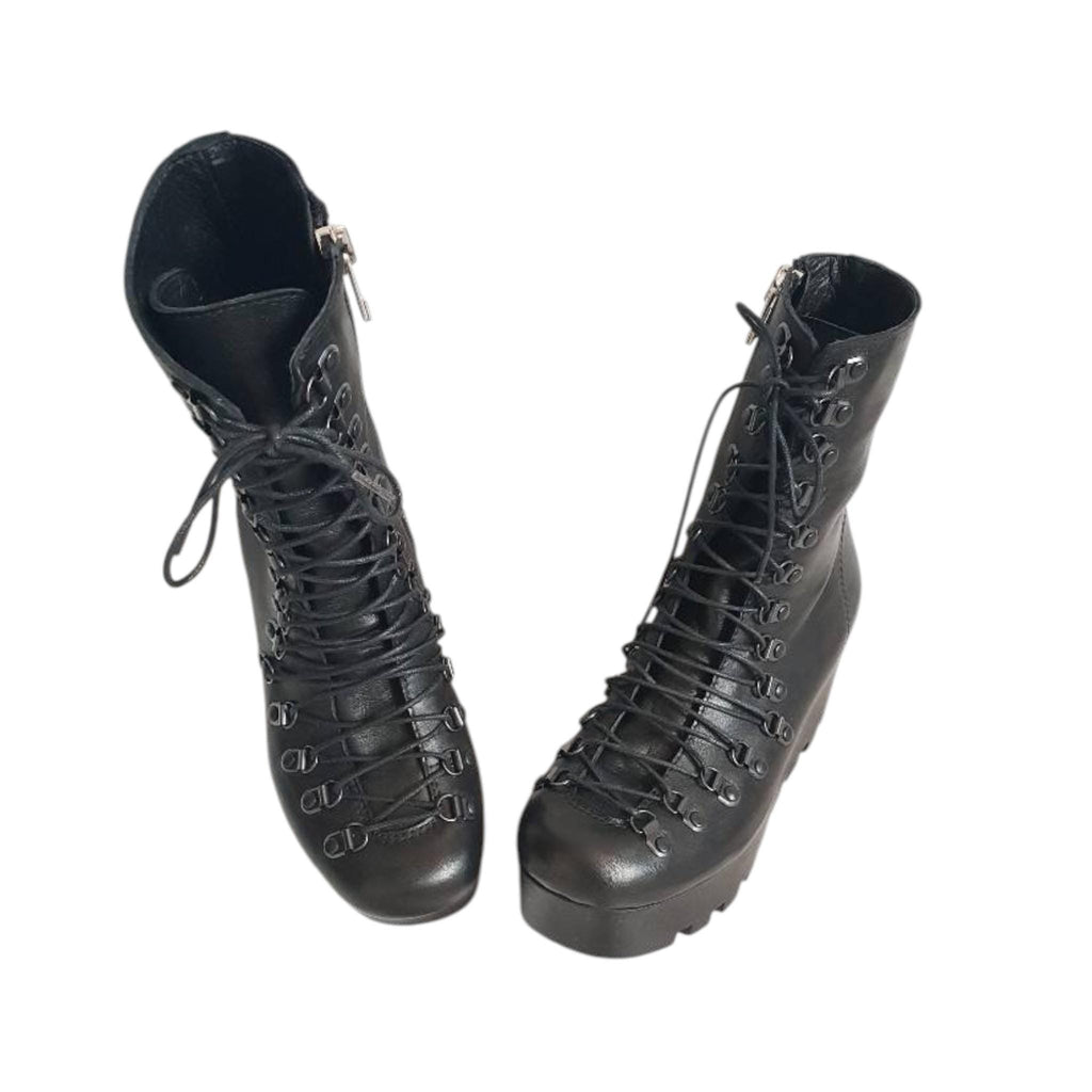 Black Platform Boots, Gothic Ankle Booties, Leather Steampunk Style, Avant Garde Women Footwear