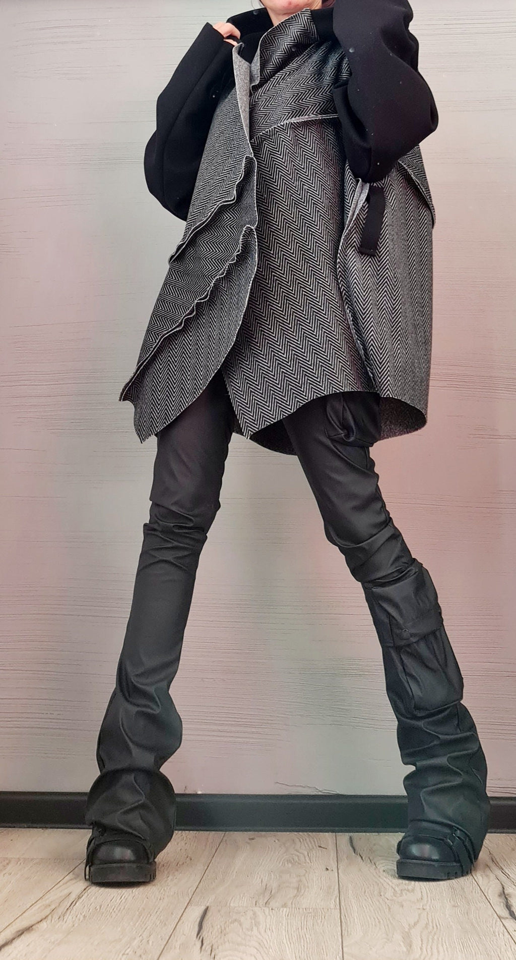 Grey and Black Asymmetrical Hooded Poncho, Herringbone Wool Cape, Long Sleeves, Plus Size