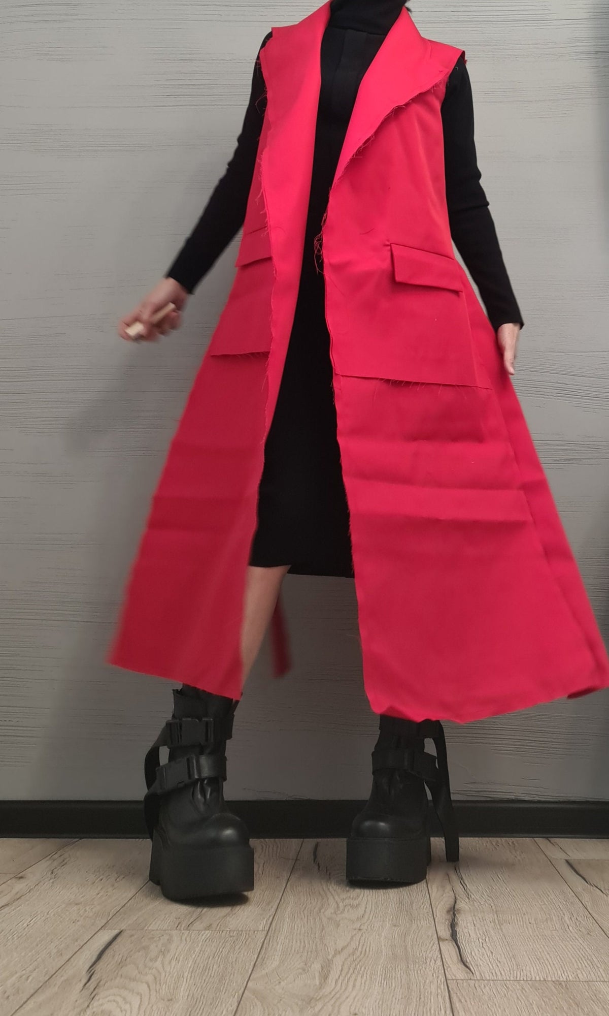 Red Asymmetric Vest, Short Back and Long Length Front Panels, High Collar, Plus Size