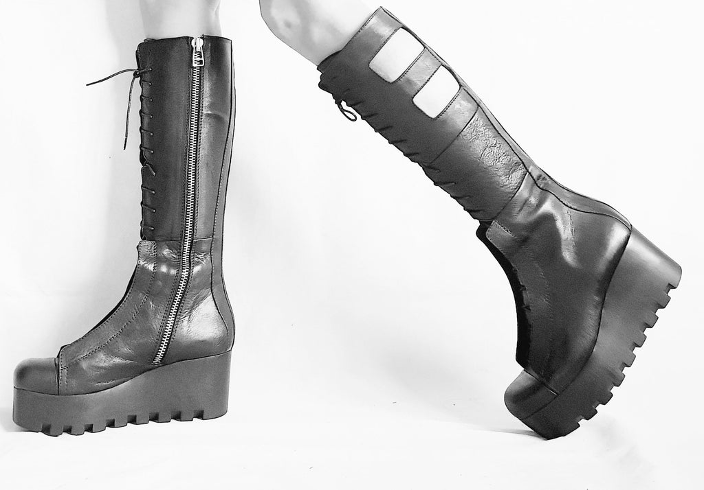Leather Gladiator Platform Wedge Boots, Gothic Steampunk Shoes, Booties for Women