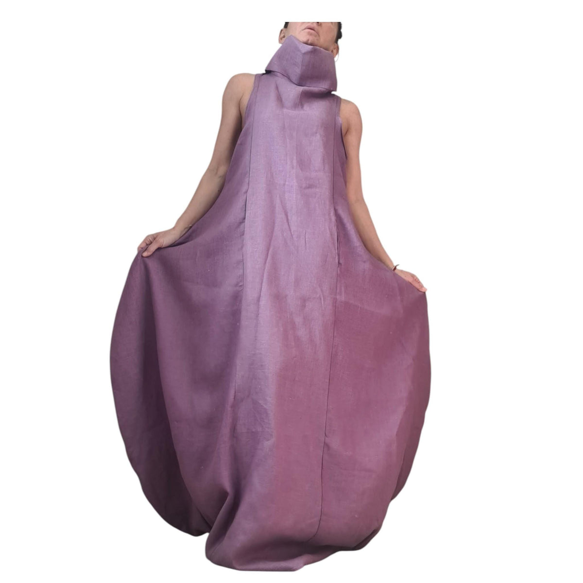 Lavender Linen Maxi Dress, High Neck Sleeveless Balloon Silhouette, Boho Style, Plus Size