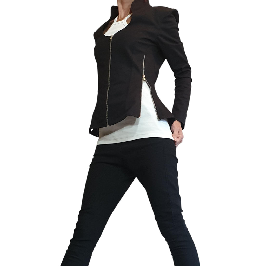 Black Fitted Zip Blazer, Structured Shoulders, Shaped Waist, Back Zip Panels, Plus Size