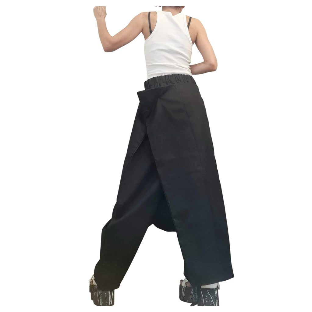 Black Deep Harem Pants, Draped Front, Adjustable Drawstring, Cotton Trousers