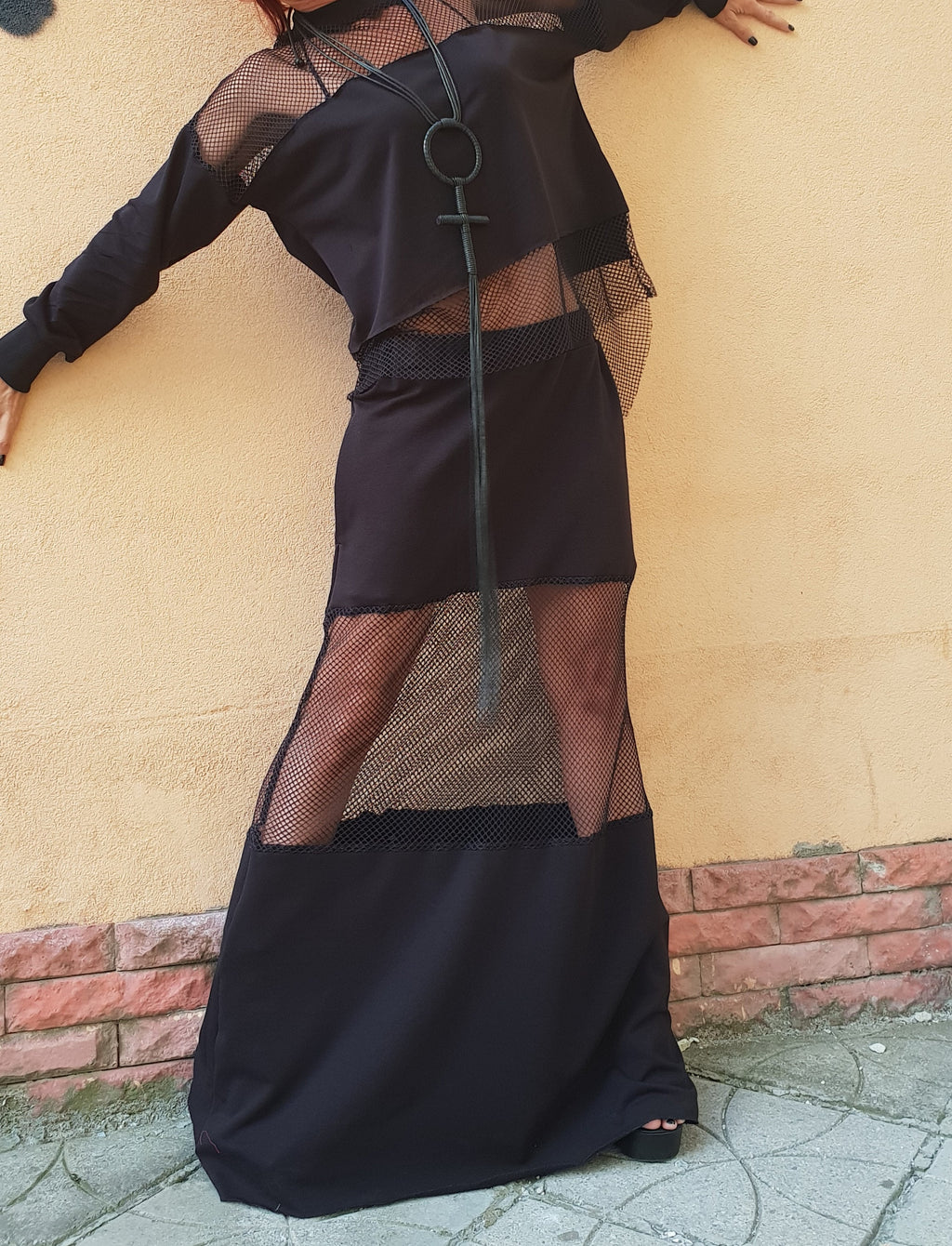 Black Cotton Mesh Panel Maxi Skirt, Off Shoulder Blouse, Two-Piece Co-Ord Set, Plus Size