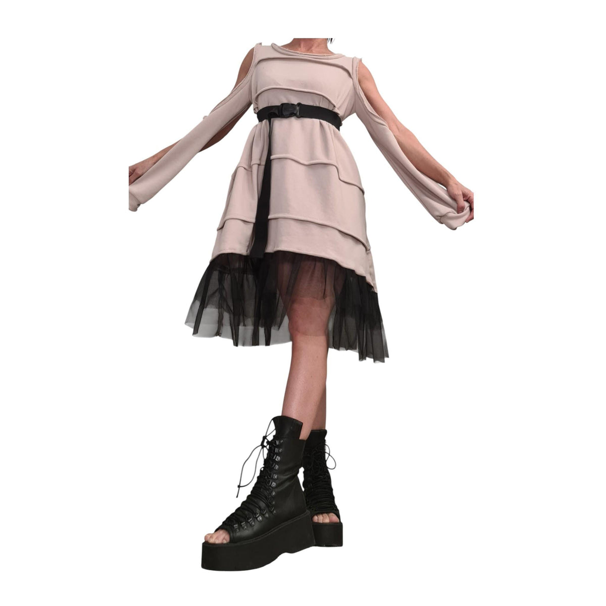 Beige Off Shoulder Dress: Asymmetrical Tulle Hem, Removable Sleeves