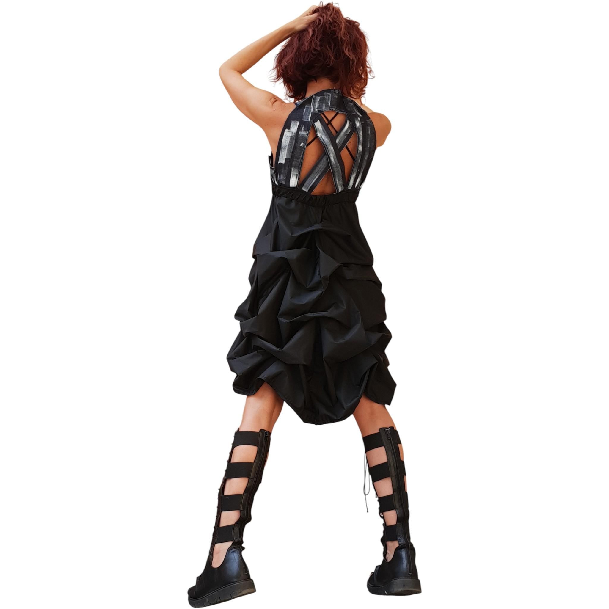 Open Back Maxi Dress, Denim Top Black Bottom Dress, Oversized Avant Garde Clothing