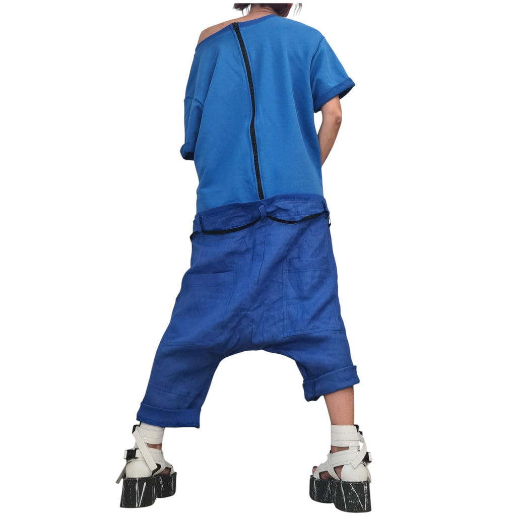 Blue Linen Harem Jumpsuit, Asymmetric Loose Overall, Wide Leg Drop Crotch Summer Romper