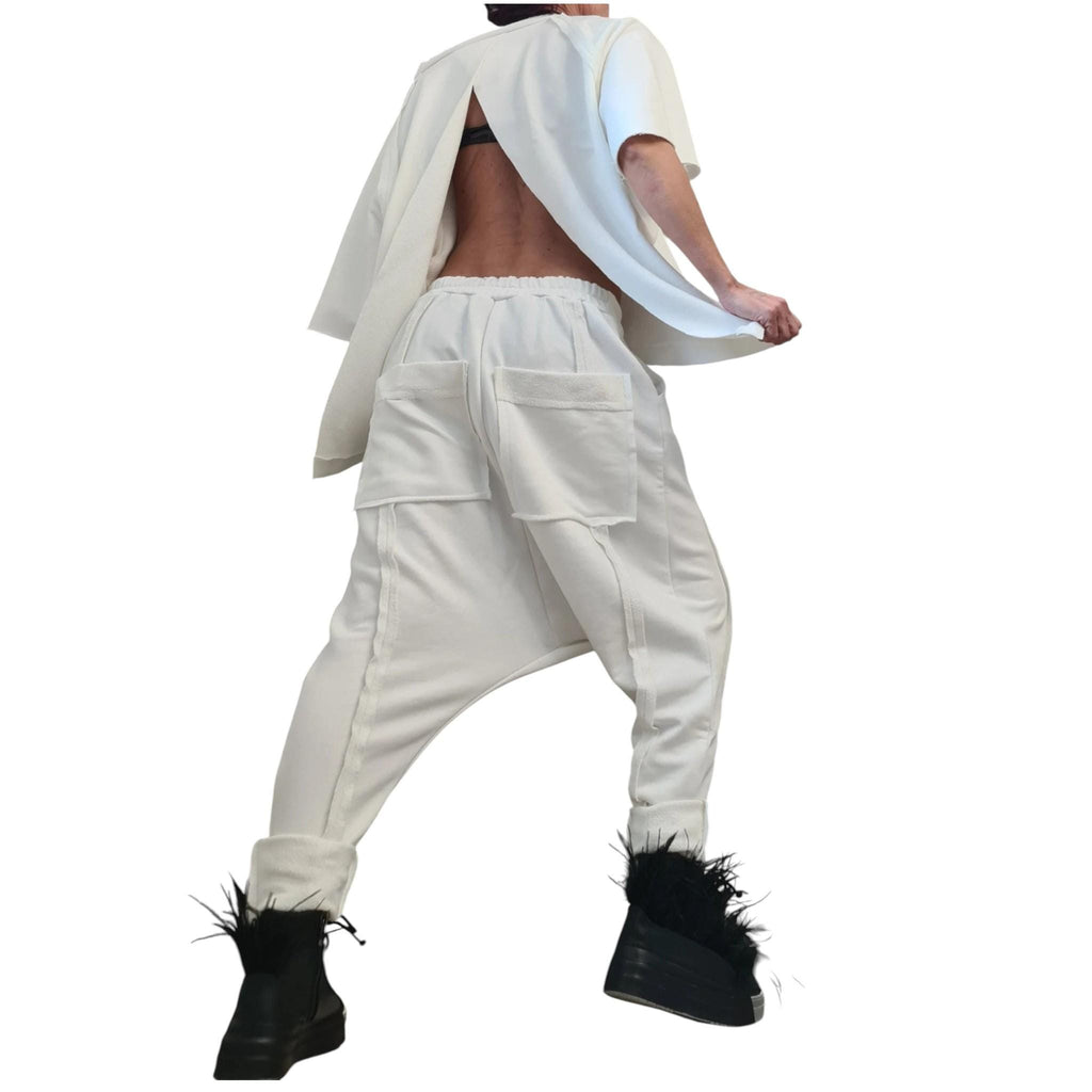 White Cotton Drop Crotch Harem Pants, Asymmetrical Open Back Blouse, Two Piece Co-Ord Set