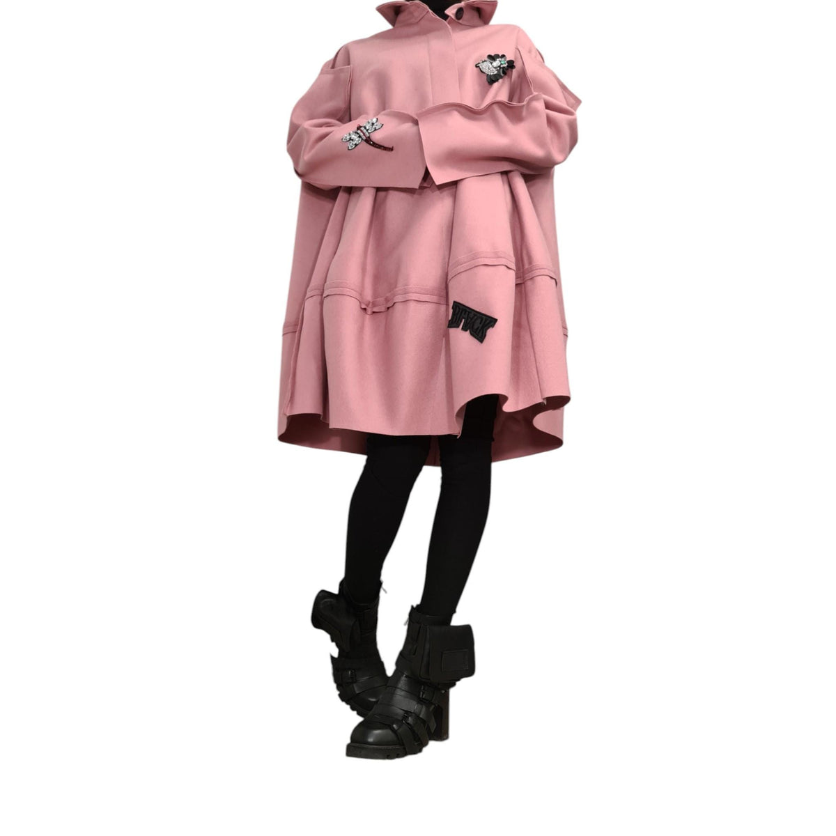 Dusty Rose Oversized A-Line Coat, High Collar Winter Jacket, Appliqué Patch Details