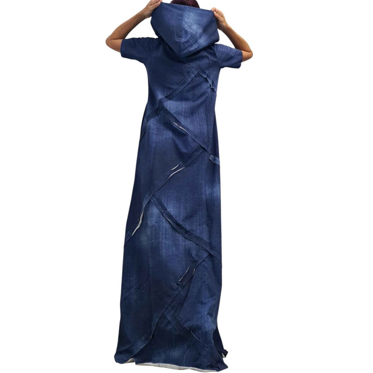 Hooded Long Cotton Dress, Loose Avant Garde Dress for Women, Printed Denim Effect