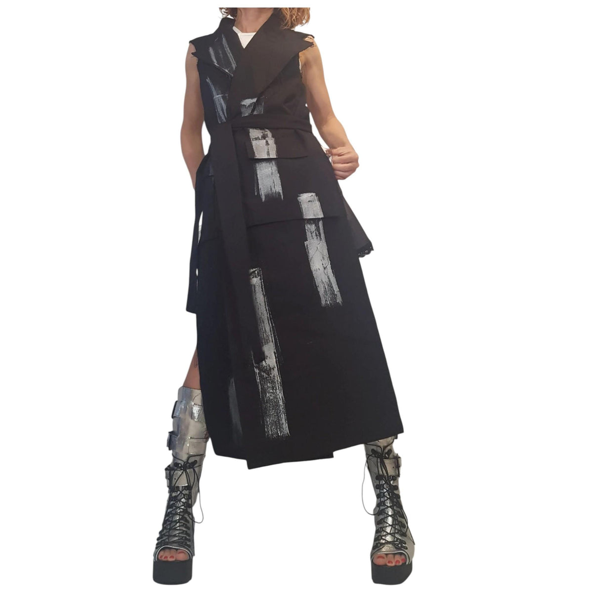 Black Denim Gothic Vest, Sleeveless Asymmetric Long Short Vest, Designer Silver Paint