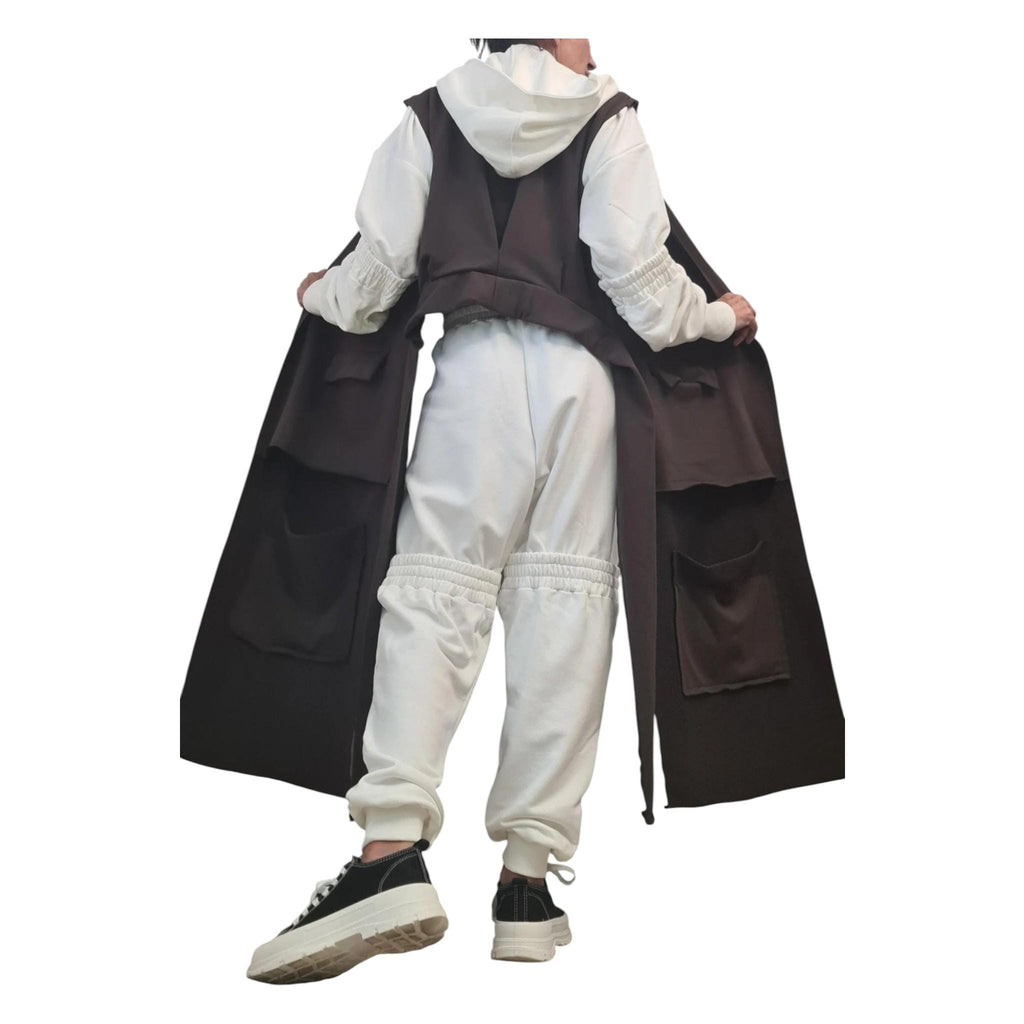Brown Asymmetric Cotton Vest, Short Back and Long Front, Oversized Patch Pockets, Plus Size