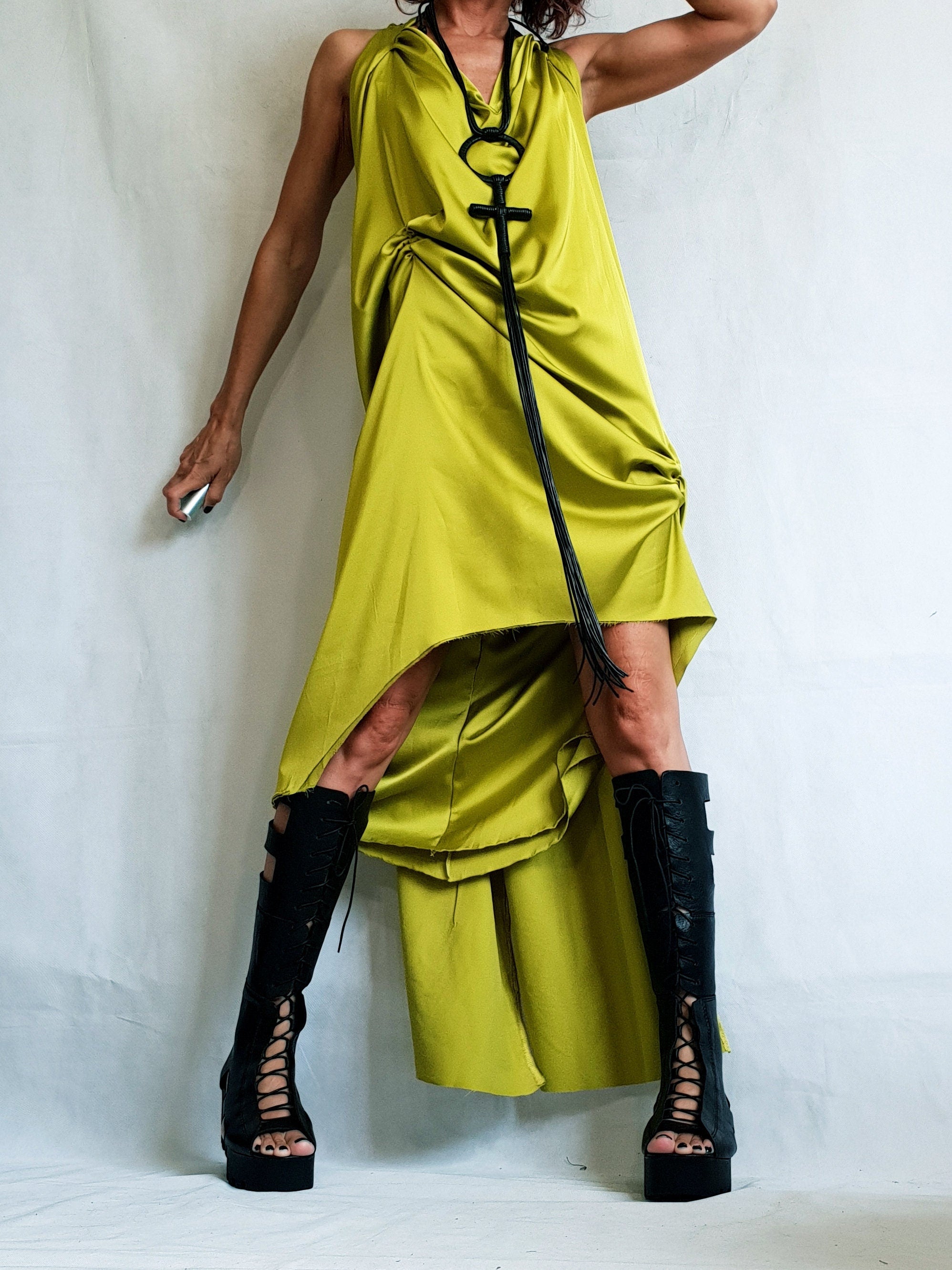 Mustard Satin Asymmetric Tunic, Open Back Mini Dress, Fitted Silhouette, Avant Garde Clothing for Women