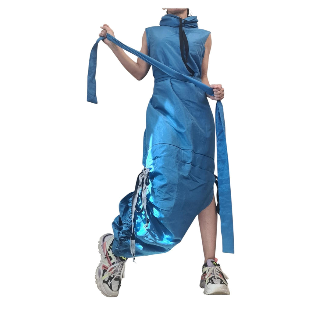 Blue Asymmetric Taffeta Dress, Sleeveless Cocktail Maxi Dress