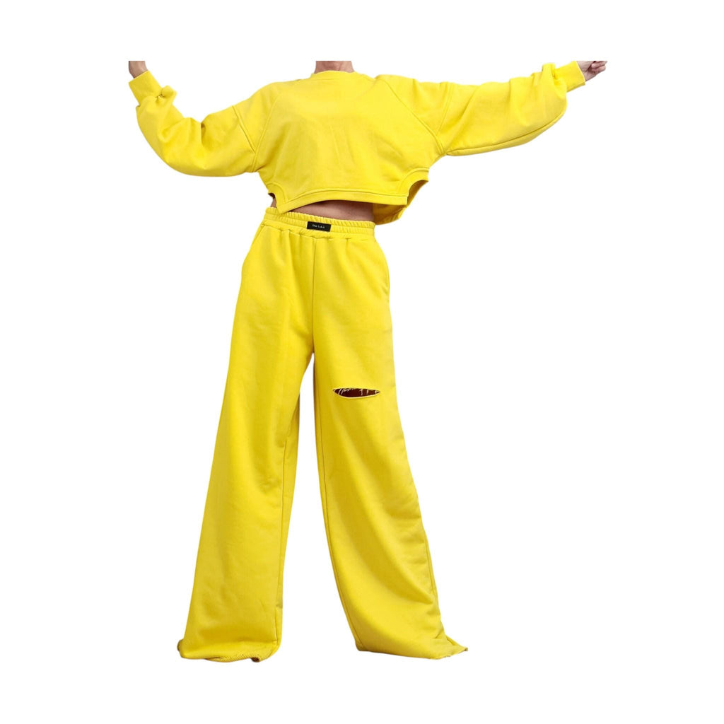 Yellow Cotton Wide-Leg Pants, Cropped Oversized Sweatshirt, Knee Cutout, Raw Hems, Two-Piece Co-Ord Set