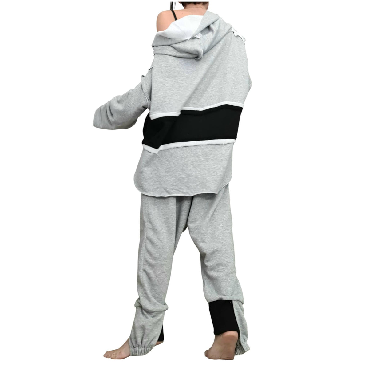 Grey Black Cotton Drop Crotch Harem Pants, Oversized Hooded Top, Plus SizeCo-Ord Set