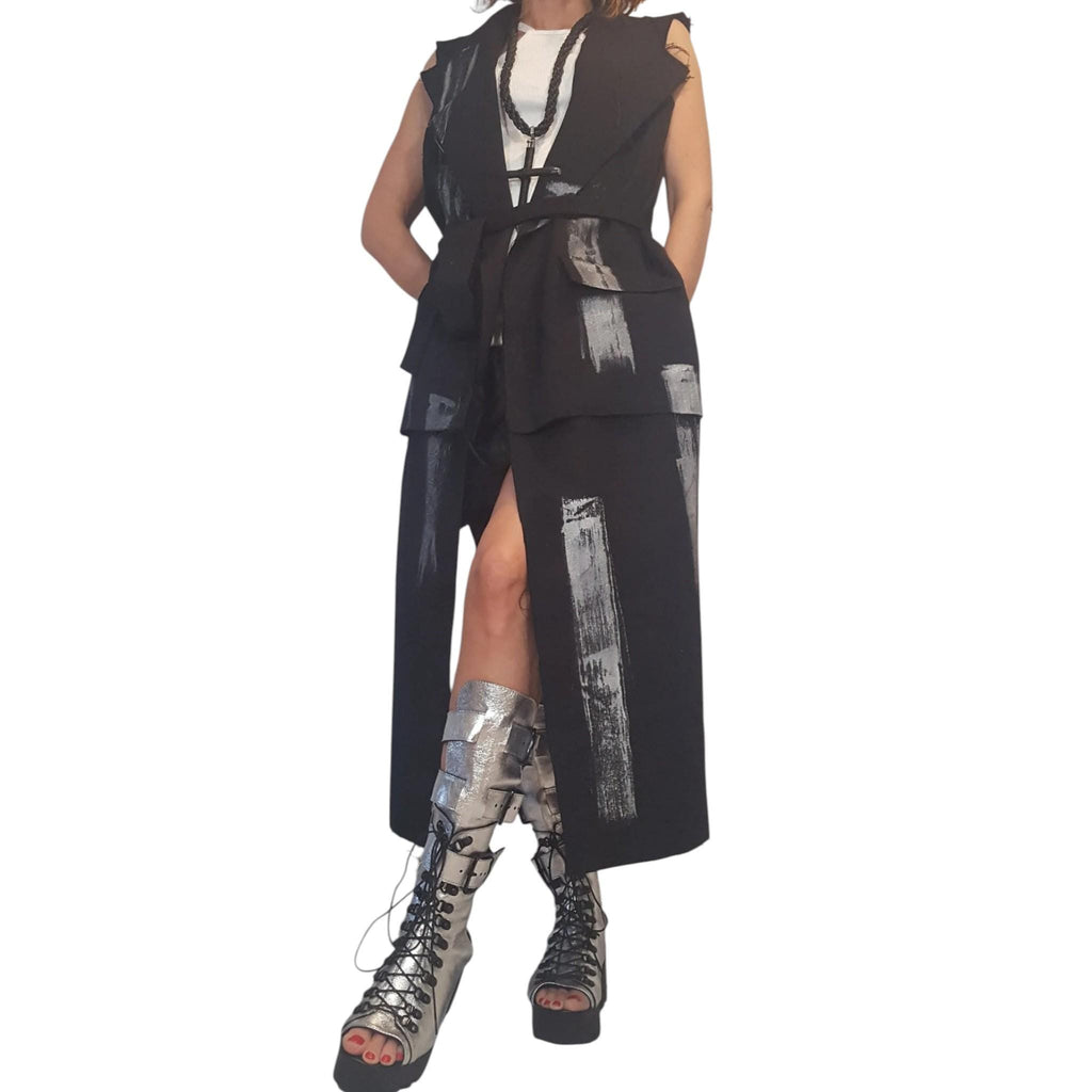 Black Denim Gothic Vest, Sleeveless Asymmetric Long Short Vest, Designer Silver Paint