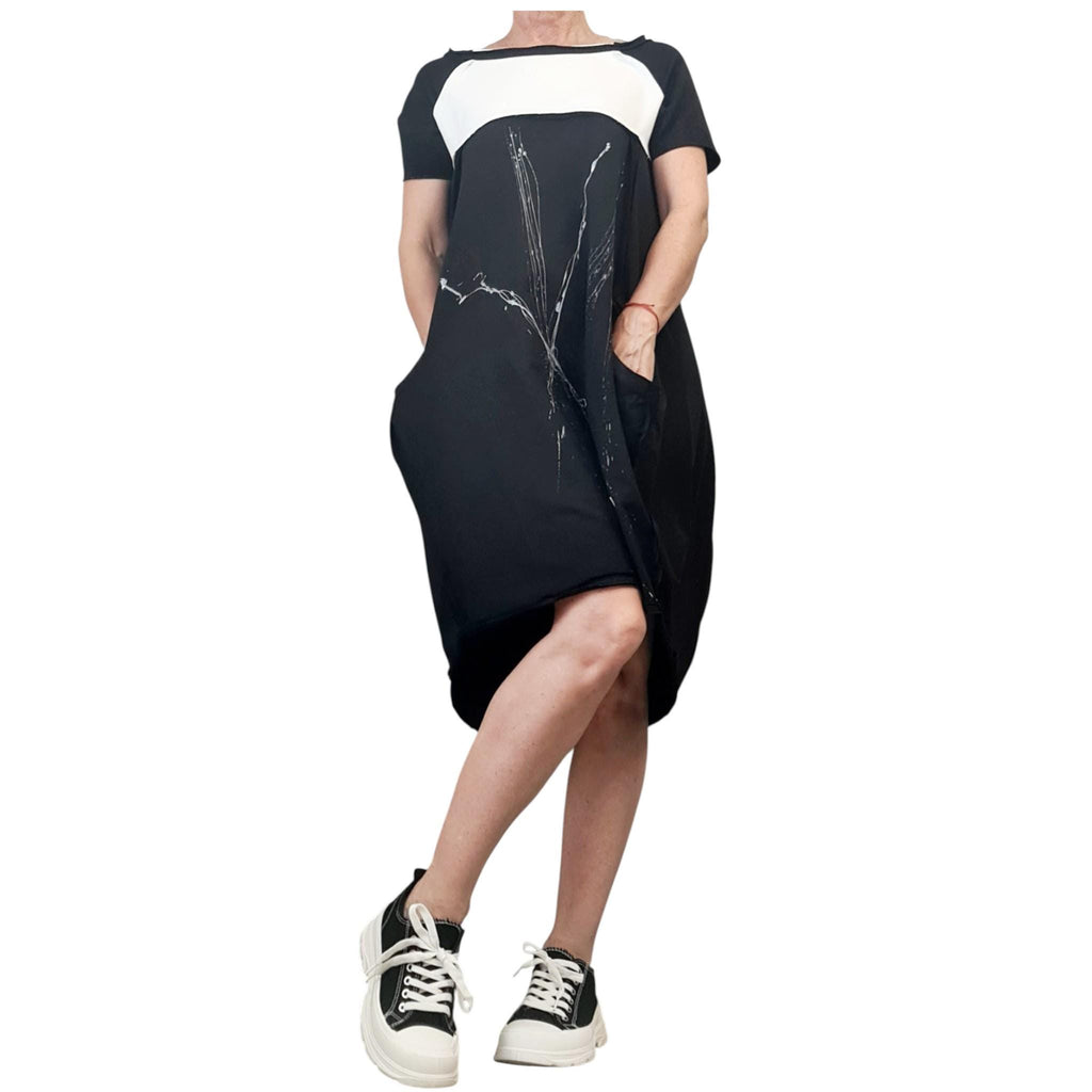 Avant Garde Black White Dress for Women, Asymmetric Cotton Denim Oversize One Shoulder Tunic