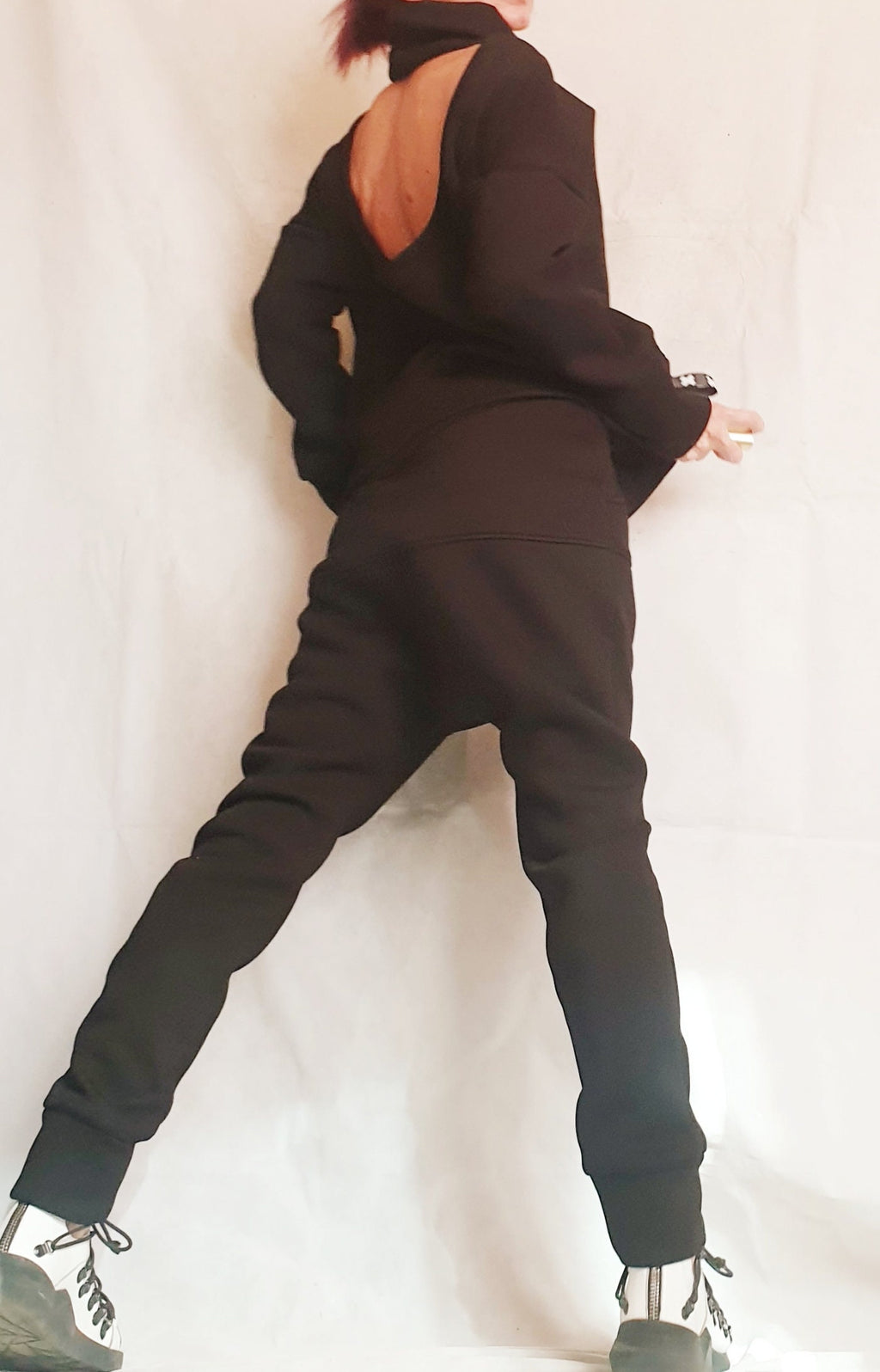 Black Cotton Tapered Drop Crotch Harem Pants, Open Back Blouse, Two Piece Co-Ord Set