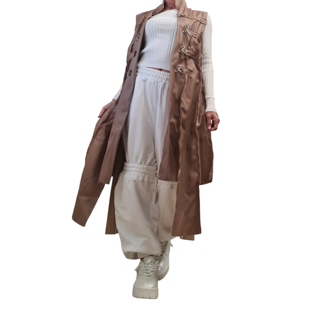 Brown Faux Leather Asymmetrical Maxi Vest, Fitted Sleeveless Coat, Multiple Metal Buckle Closures