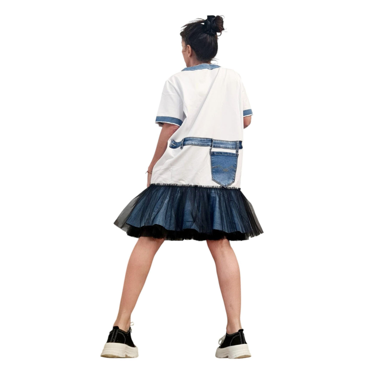 Oversized Cotton Tunic Dress, Denim Elements, Layered Tulle Skirt, Streetwear Style