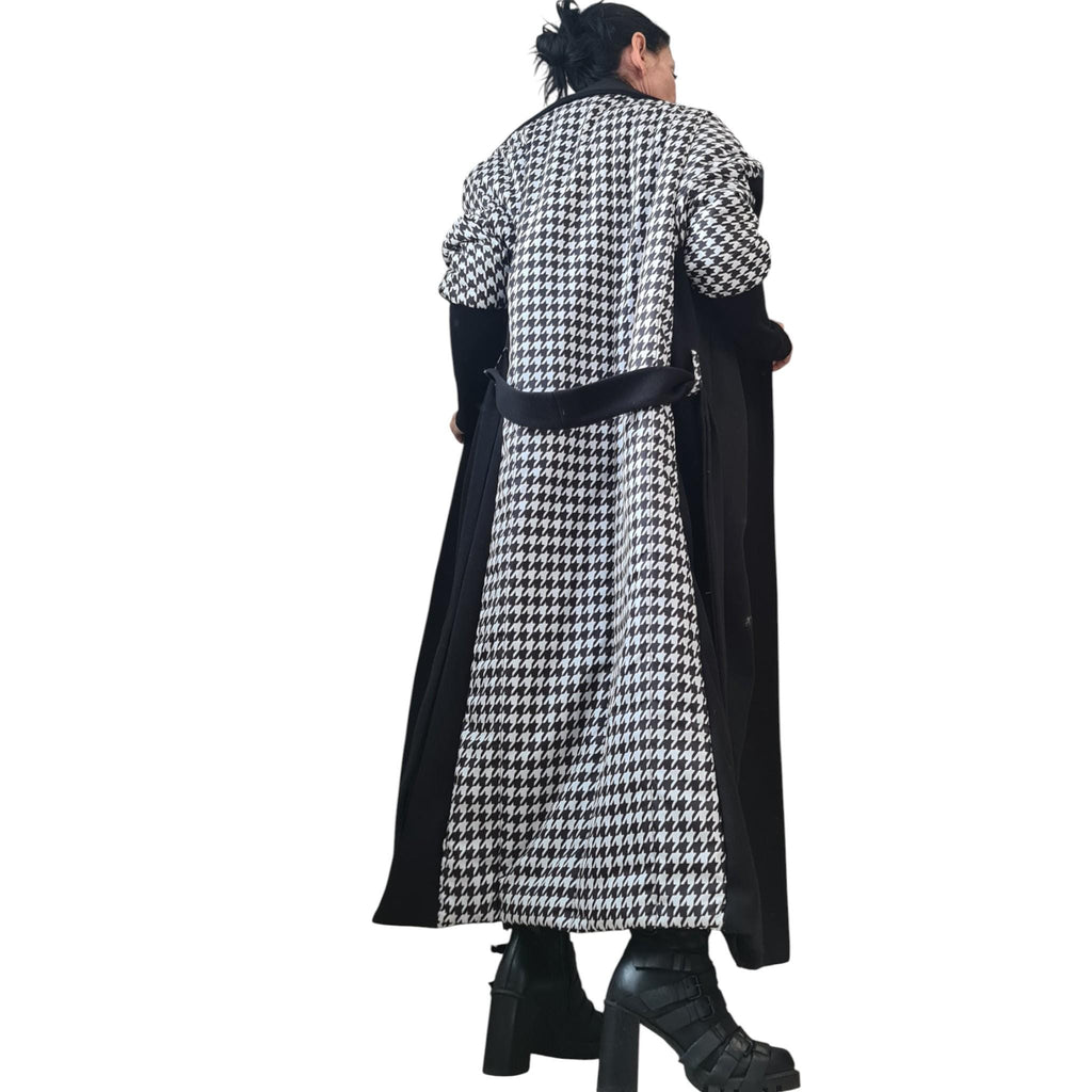 Black Asymmetric Wool Coat, Houndstooth Back Panel, Oversized Maxi Coat, Plus Size
