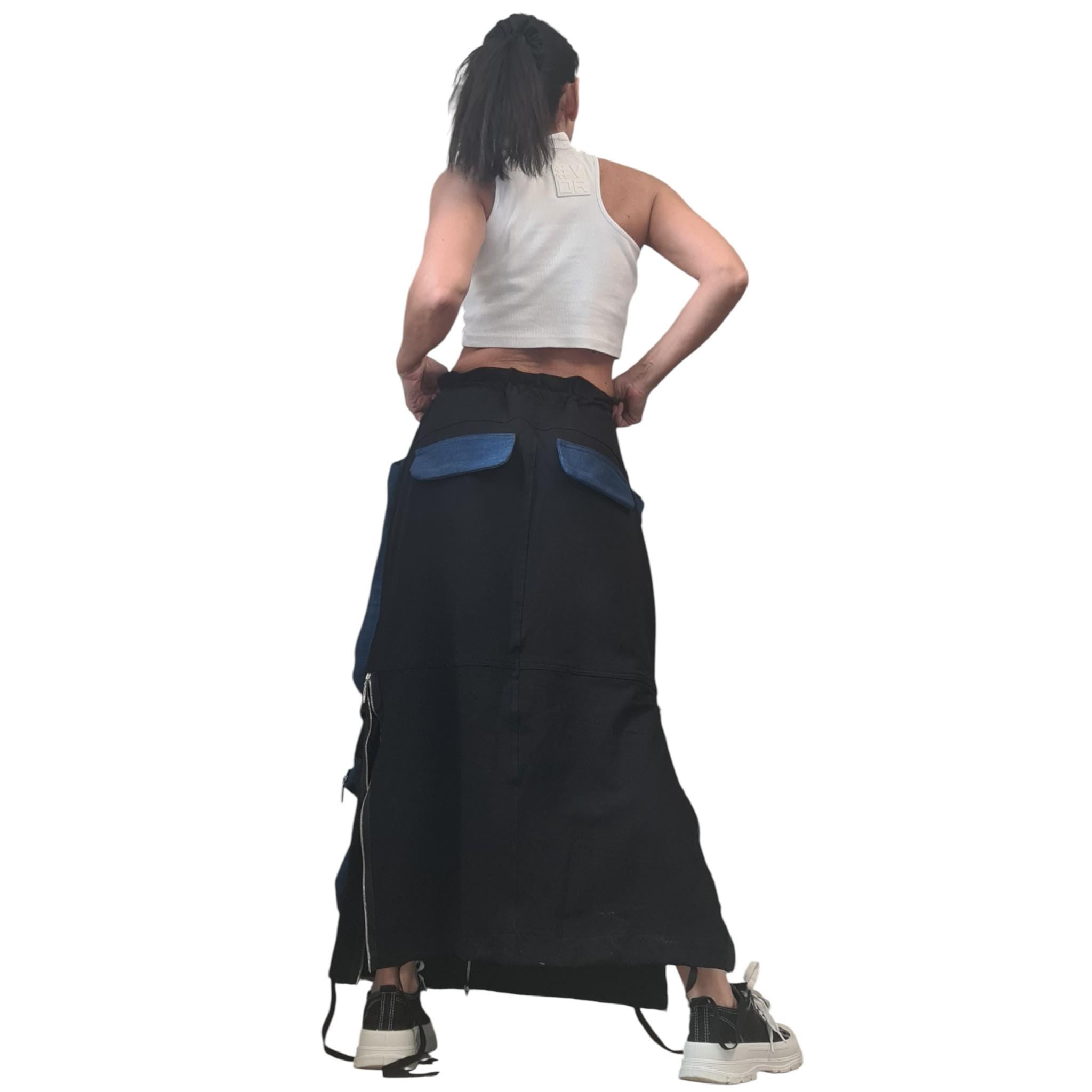 Black French Terry Maxi Skirt With Denim Cargo Pockets, Long Avant Garde Oversized Skirt